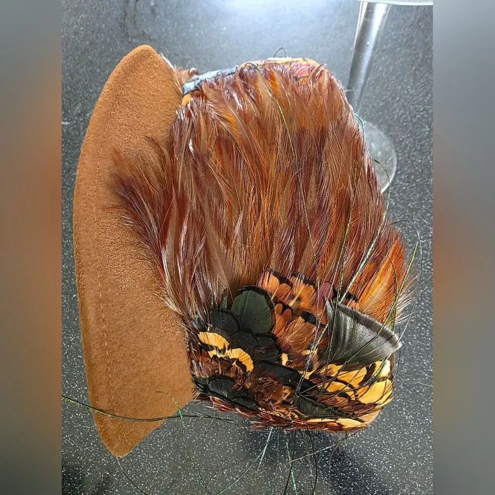 Vtg Peacock Feather Pheasant Hat B. Michael Mysha Brown Felt 21' Derby Racetrack - Picture 11 of 14